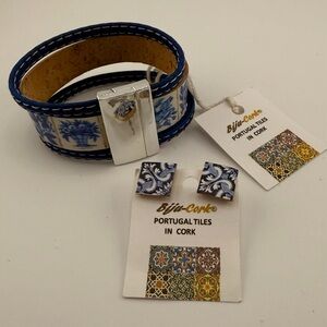 Portugal cork Blue and White Tile Bracelet and Earrings Set